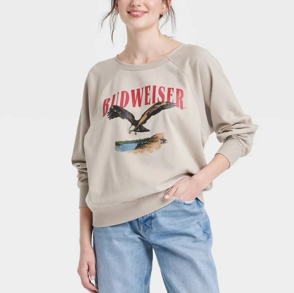 VTG Budweiser Oatmeal Graphic Print Pullover Sweatshirt Sz XXL Y2K Collegiate